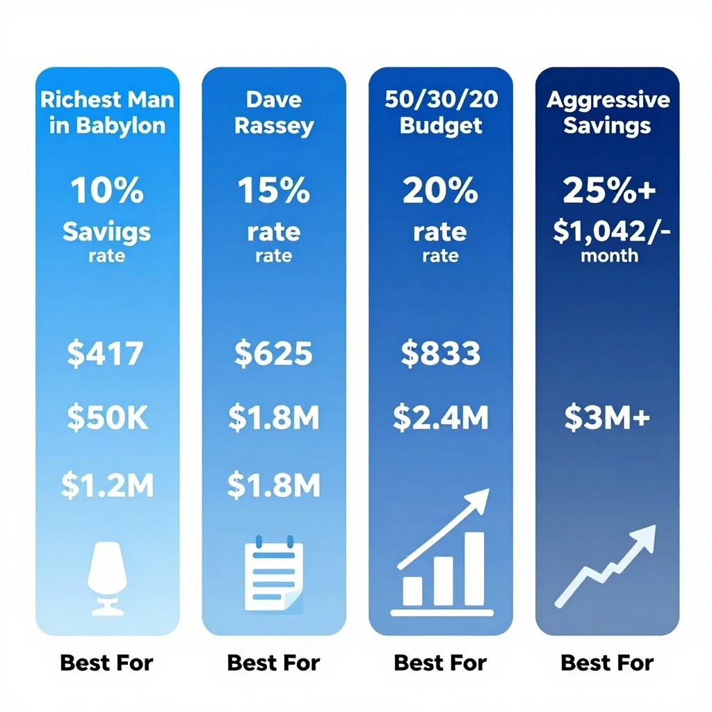 Comparison of four savings strategies: 10% Babylon method ($1.2M result), 15% Dave Ramsey method ($1.8M result), 20% 50/30/20 budget rule ($2.4M result), and 25%+ aggressive savings ($3M+ result), showing monthly contribution amounts and 35-year projections