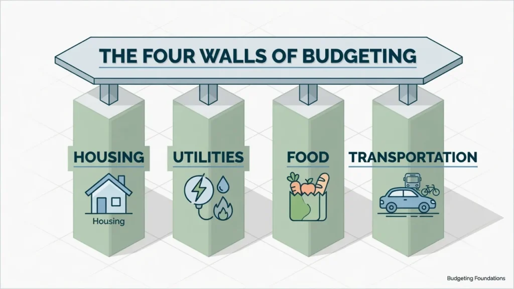 Illustration showing the Four Walls budgeting approach with housing utilities food and transportation as foundational pillars