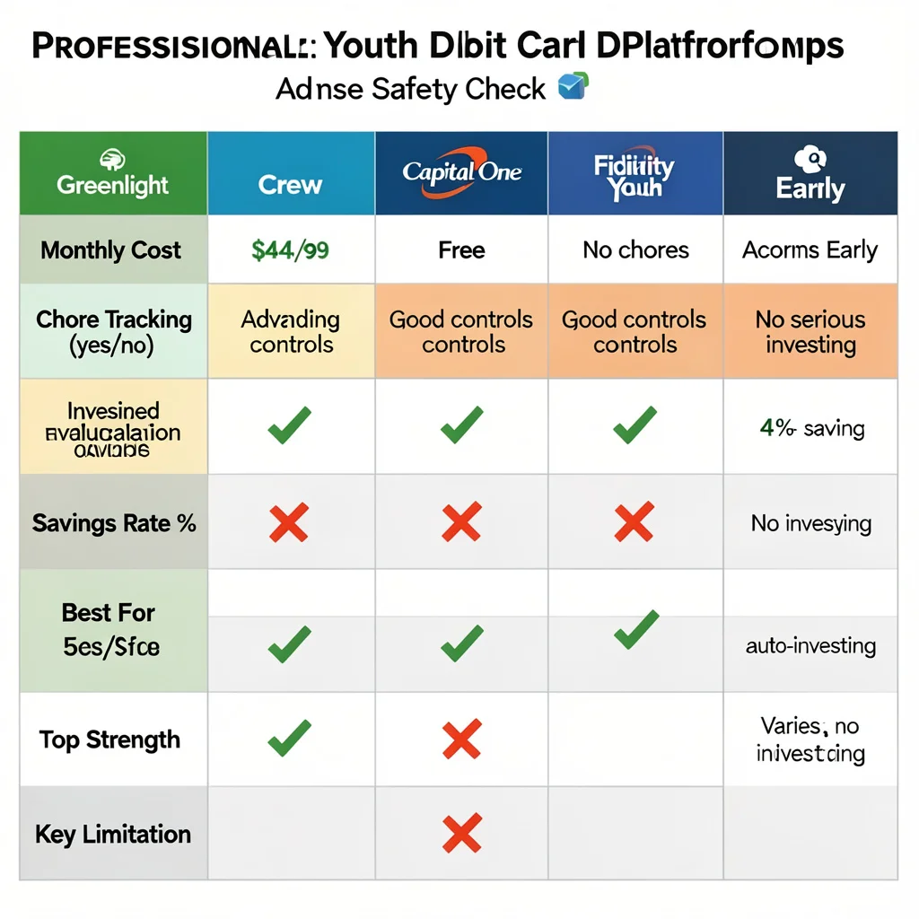 Comparison matrix showing Greenlight and four alternatives (Crew, Capital One Kids, Fidelity Youth, Acorns Early) across cost, features, and best use cases