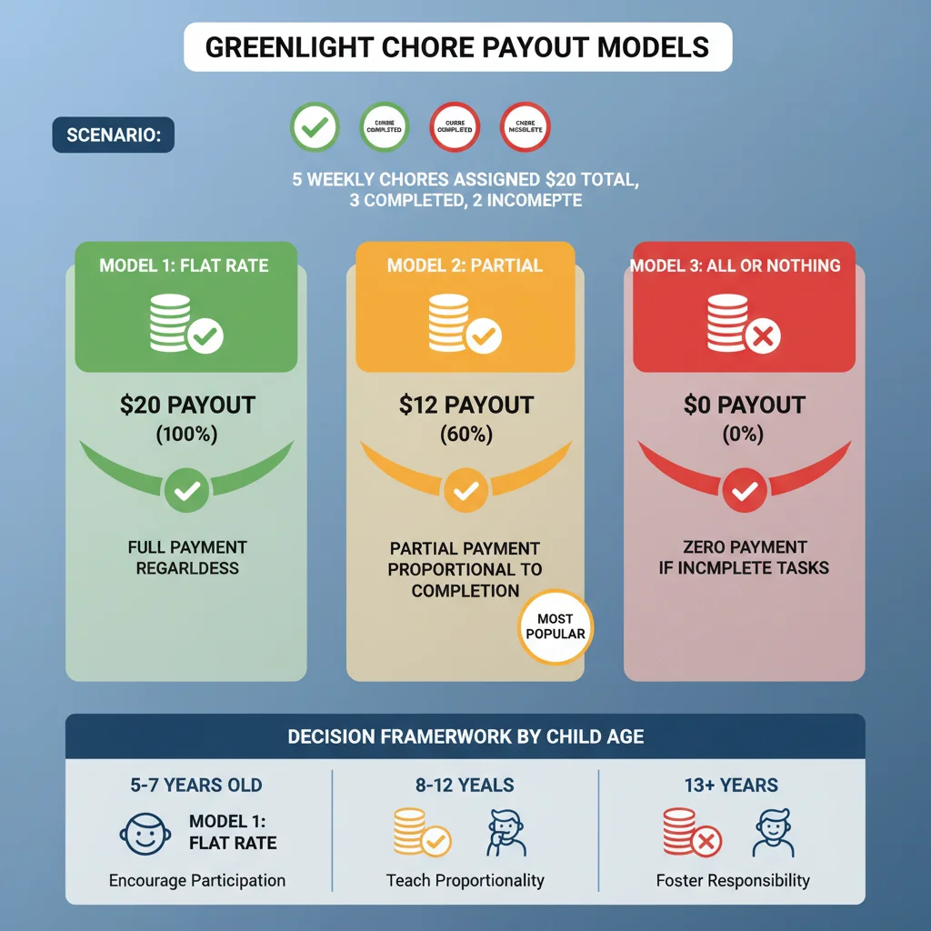 Comparison of three Greenlight chore payout models showing how Flat Rate, Partial, and All or Nothing compensation work with example task scenarios