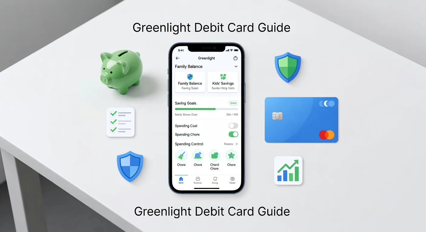 Smartphone displaying Greenlight family banking app dashboard with debit card, savings goals, spending controls, and chore tracking icons on clean desk background