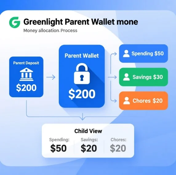 Flowchart showing how Greenlight's Parent Wallet allocates deposits to spending categories before child can access funds