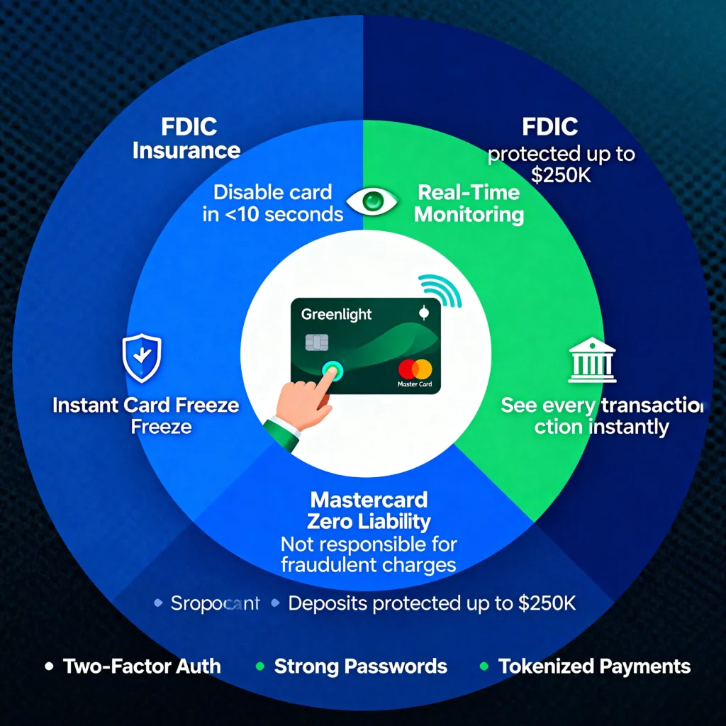 Infographic showing Greenlight's four security protection layers: Mastercard zero liability, real-time card freeze, transaction monitoring, and FDIC insurance