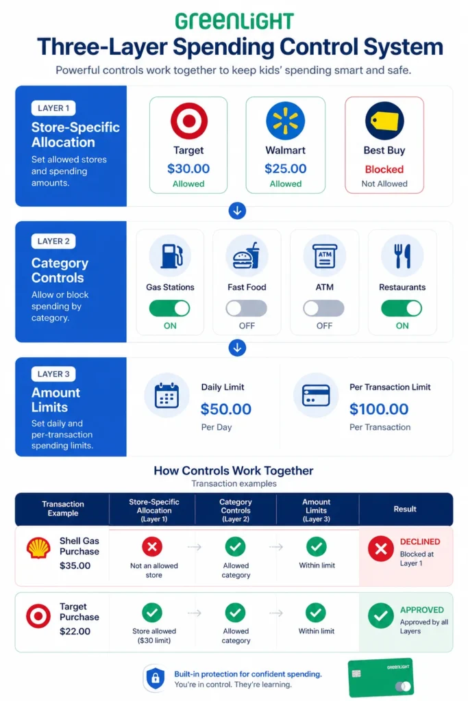 Infographic showing Greenlight's three-layer spending controls: store-specific allocation, category restrictions, and amount limits working together