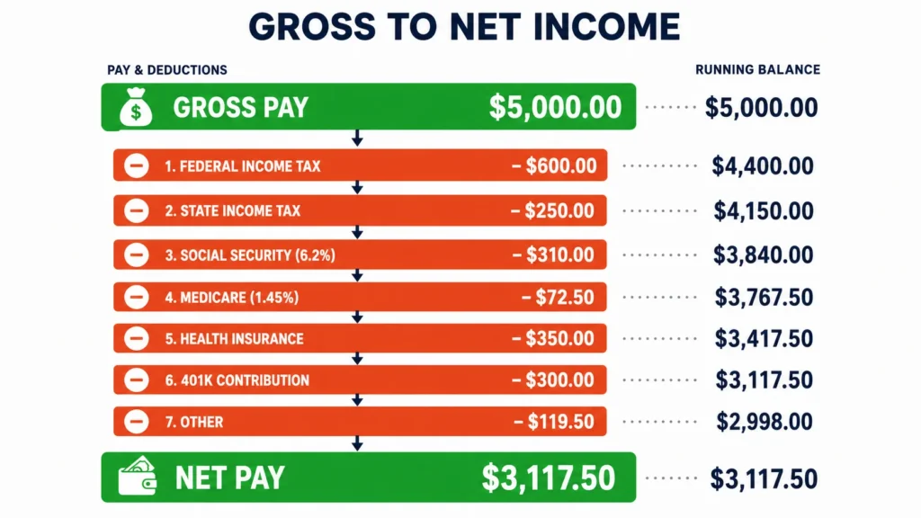 Waterfall diagram showing how gross monthly income of $5,000 flows through seven deductions (federal tax, state tax, Social Security, Medicare, health insurance, 401k, other) to arrive at final net pay of $3,117.50