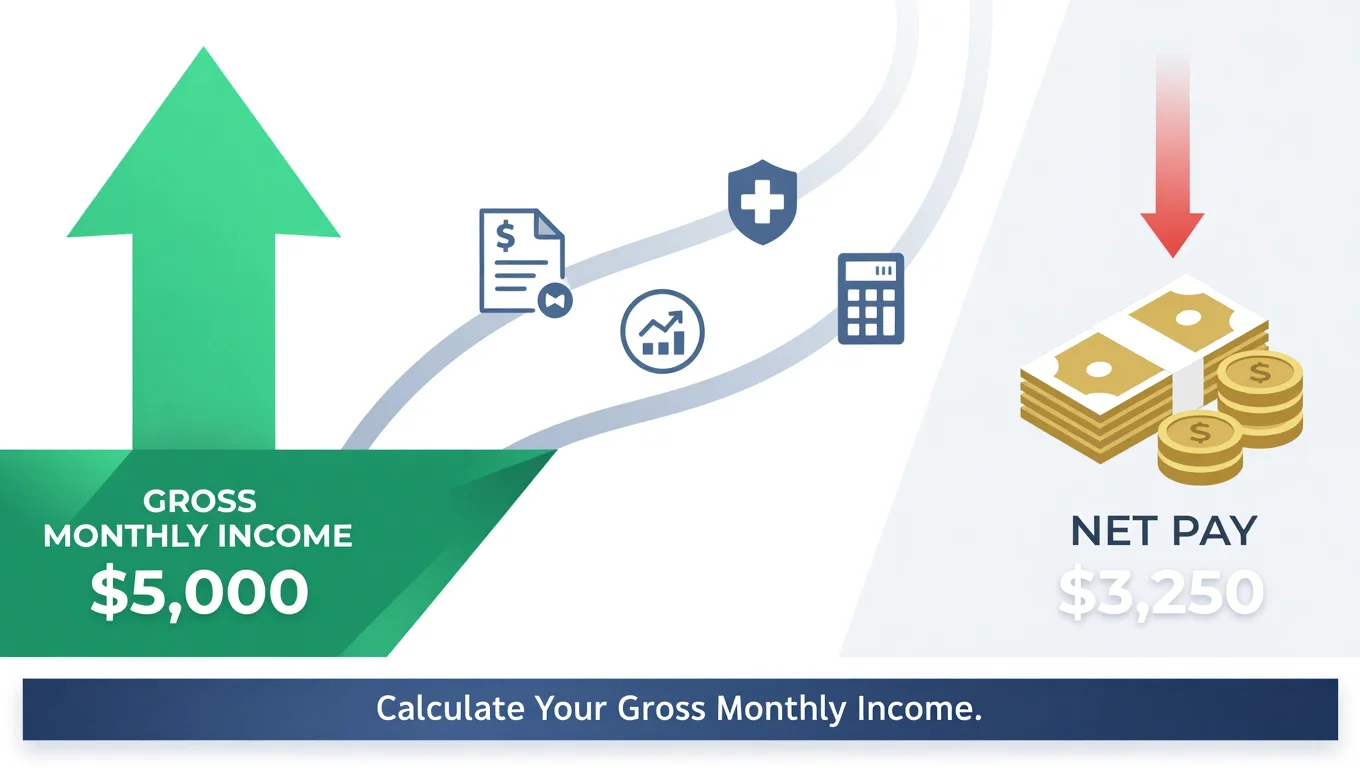 Featured image showing split comparison of $5,000 gross monthly income versus $3,250 net pay with deductions flowing between them