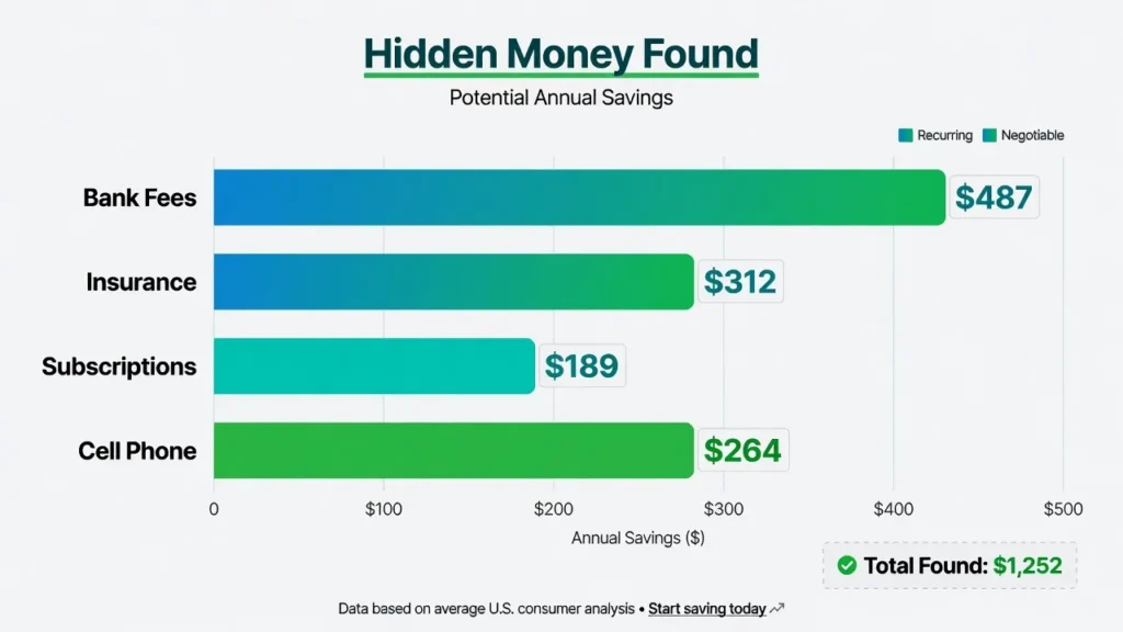 Bar chart showing four sources of hidden money found through budget review totaling over $800 in annual savings