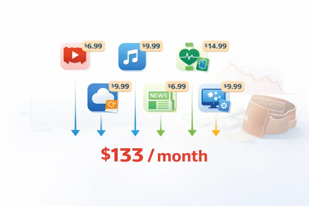Infographic showing multiple subscription services with small monthly fees that add up to over $133 per month in hidden costs