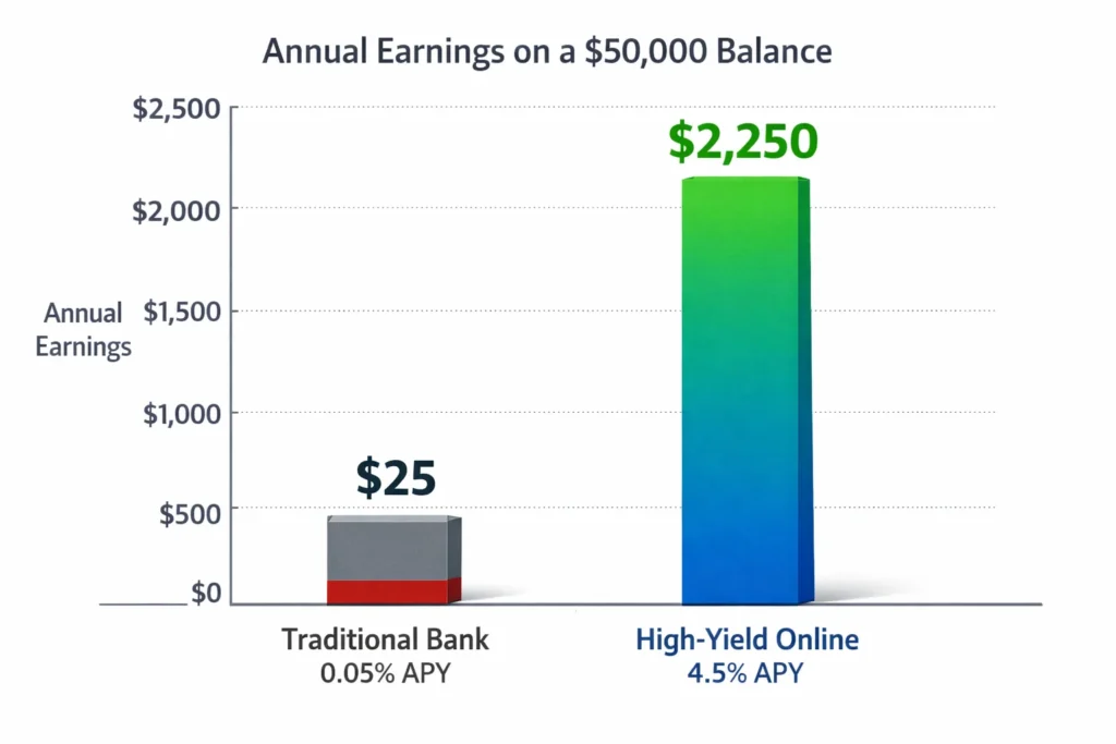 Bar chart showing high-yield savings account earns $2,250 annually vs traditional bank $25 on $50,000 balance