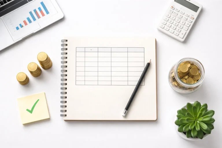 Business budget planning workspace showing notebook spreadsheet laptop calculator coins savings jar and growing plant representing complete small business financial planning and profit management