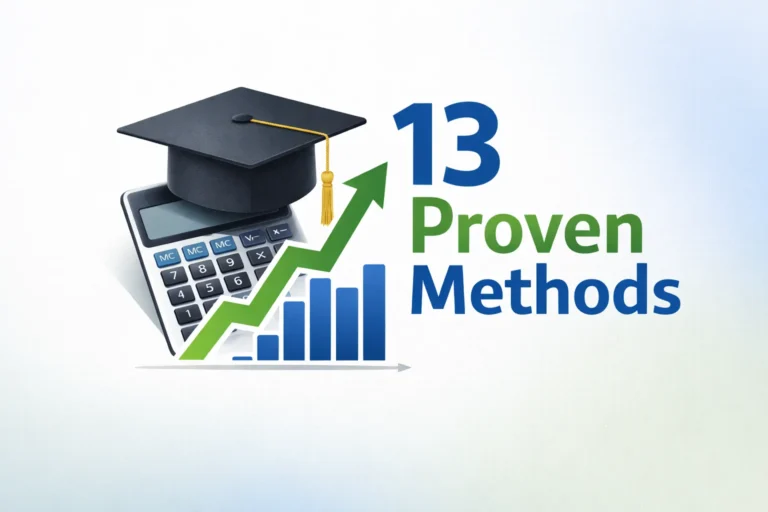 Professional graphic showing graduation cap, calculator and upward arrow with text 13 proven methods to pay off student debt fast