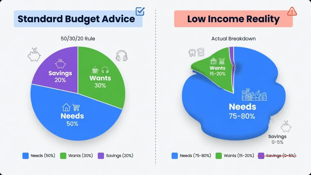 Infographic comparing standard 50/30/20 budget rule with low income reality showing how essential needs consume 75-80% of available money, leaving little for wants and savings