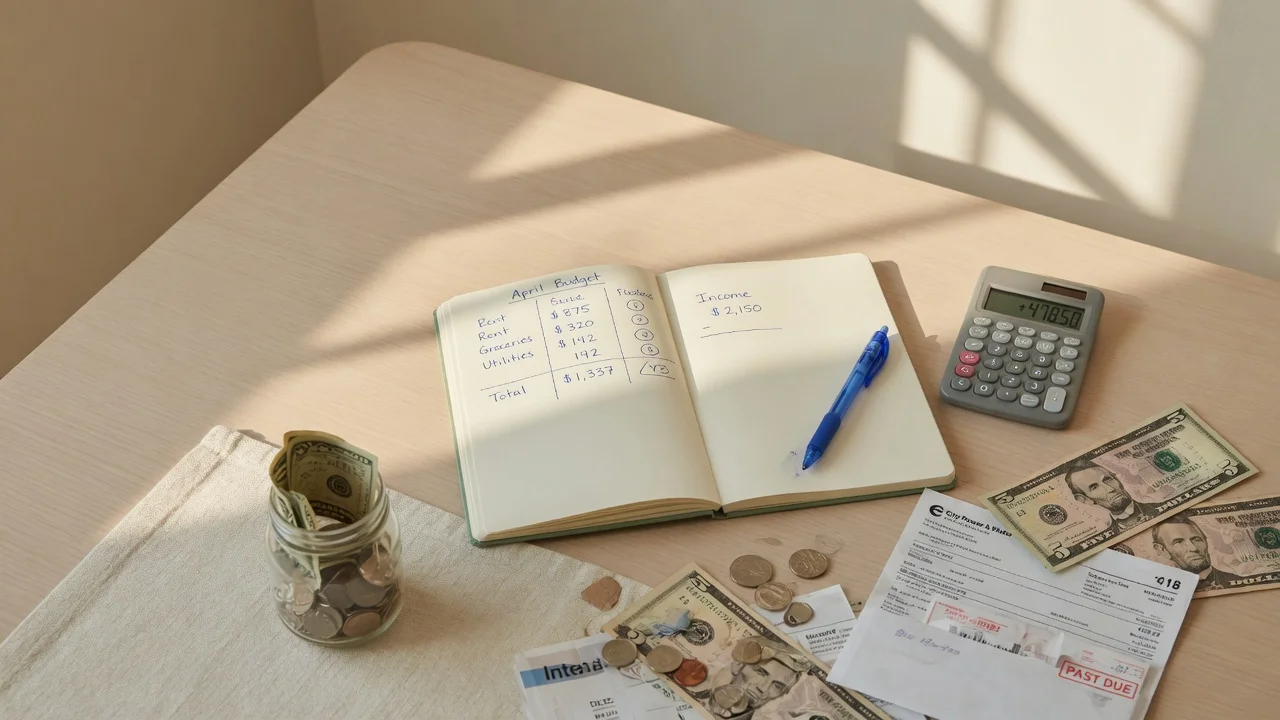 Flat lay of budgeting essentials on wooden table with notebook, calculator, dollar bills and coin jar for low income budget planning