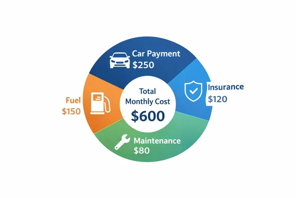 Chart showing true monthly car costs including payment, insurance, fuel, and maintenance totaling $600 per month