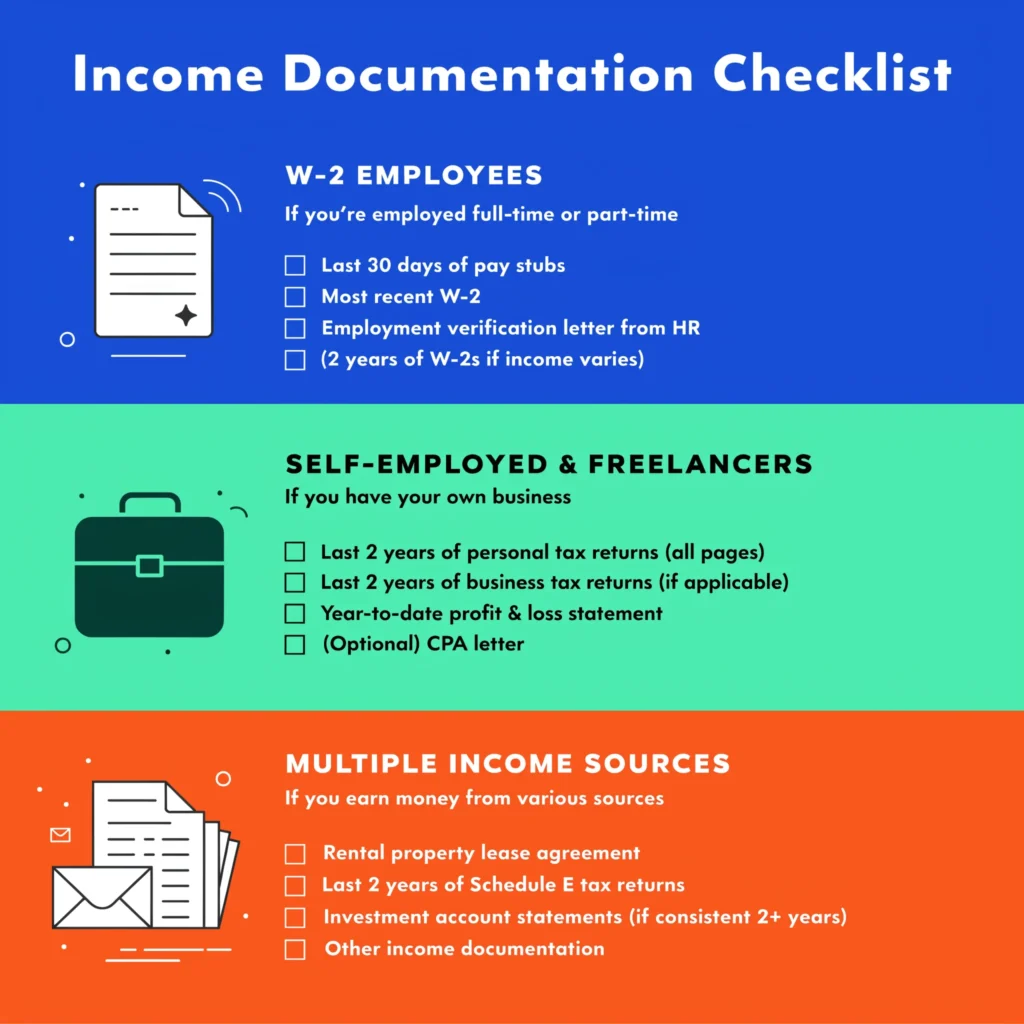 Printable checklist showing required income documentation for three income types: W-2 employees need pay stubs, W-2, and employment letter; self-employed need 2 years tax returns and profit & loss statement; multiple sources need additional documentation for rental income and investments