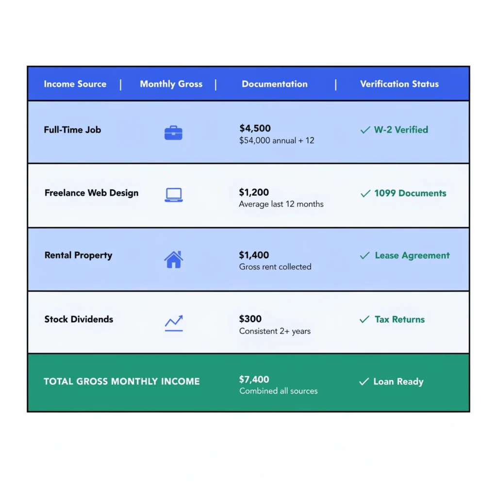 Table showing Sarah's gross monthly income breakdown from four sources: full-time job $4,500, freelance web design $1,200, rental property $1,400, stock dividends $300, totaling $7,400 monthly gross income with verification status for each source