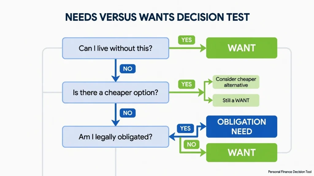 Flowchart showing a three-question decision test to determine if a budget expense is a need, want, or obligation in the 50/30/20 budget rule