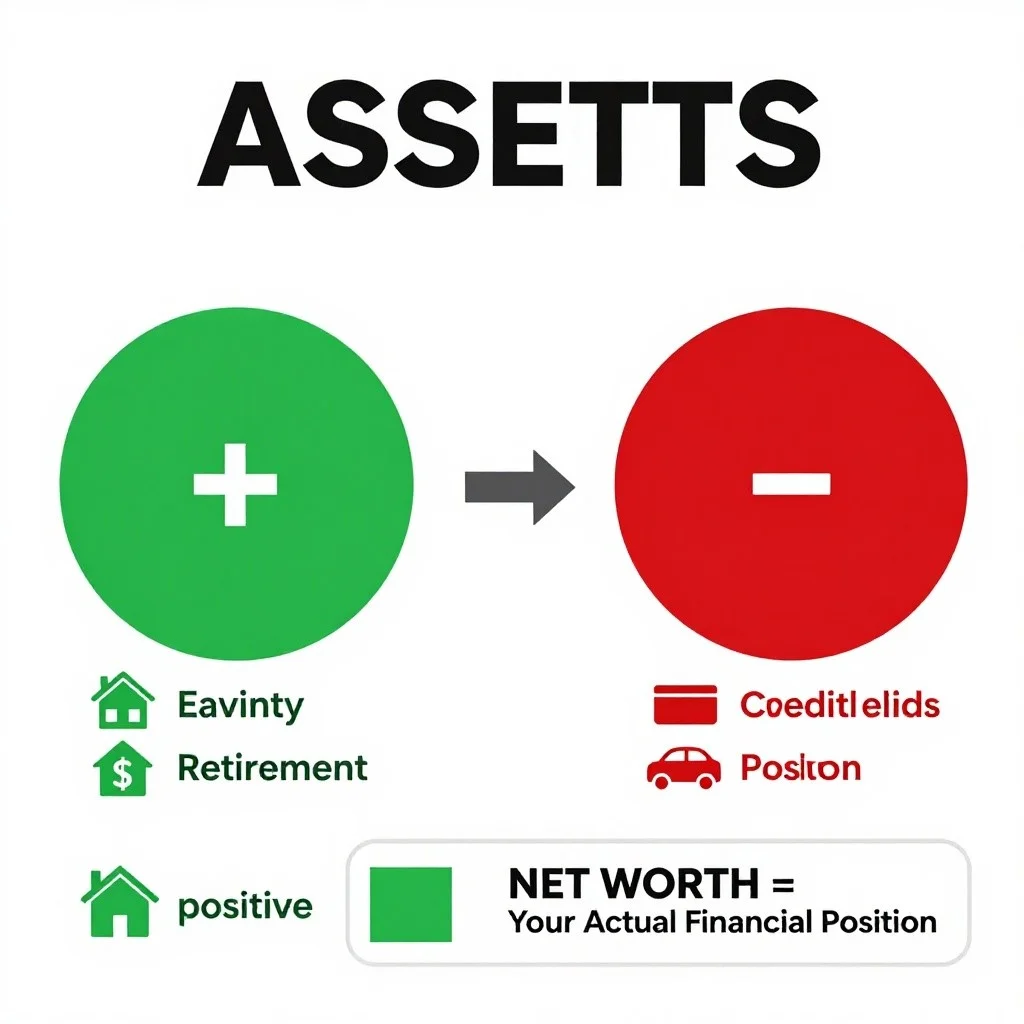 Visual representation of the net worth formula showing assets (savings, home equity, retirement accounts) minus liabilities (mortgage, loans, credit card debt) equals net worth, with color-coded result based on whether position is positive or negative