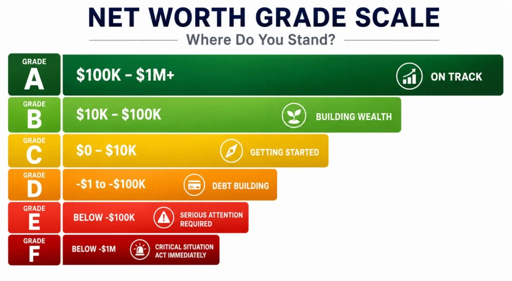 Net worth grade assessment scale showing six grades: A ($100K-$1M+, on track), B ($10K-$100K, building wealth), C ($0-$10K, getting started), D (-$1 to -$100K, debt), F (below -$100K, serious attention), displayed as color-coded horizontal bar with green to red gradient