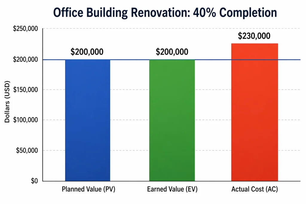 Column chart comparing Planned Value ($200,000), Earned Value ($200,000), and Actual Cost ($230,000) at 40% project completion showing cost overrun despite schedule alignment
