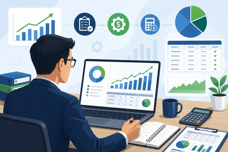 Project manager analyzing budget at completion charts and cost performance metrics on laptop with financial data visualization