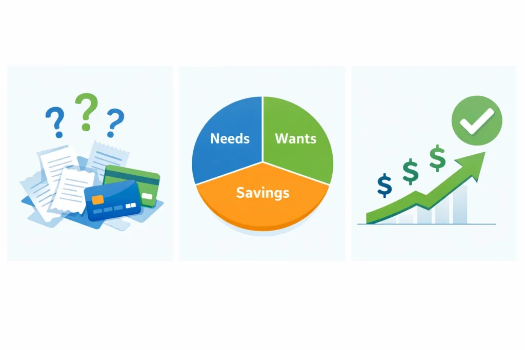 Infographic showing journey from financial confusion to organized budget with expense categories for needs, wants, and savings