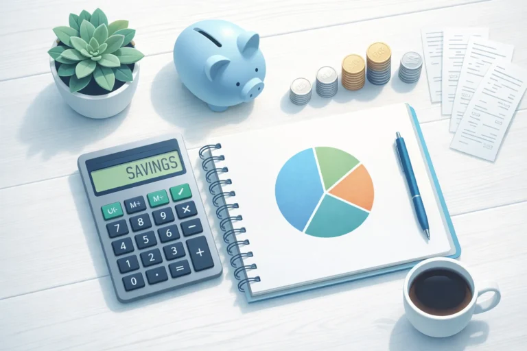 Organized budget planning workspace with calculator, pie chart notebook, coins, and piggy bank for reducing monthly expenses
