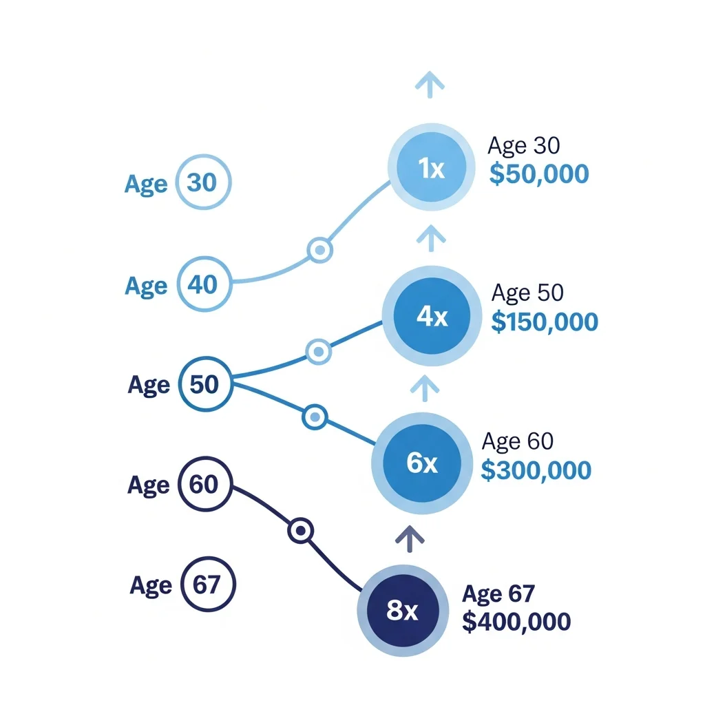 Timeline showing savings milestones from age 30 to 67, displaying how the target multiple increases from 1x salary at 30 to 8x salary at retirement age 67, with dollar amounts using a $50,000 income example