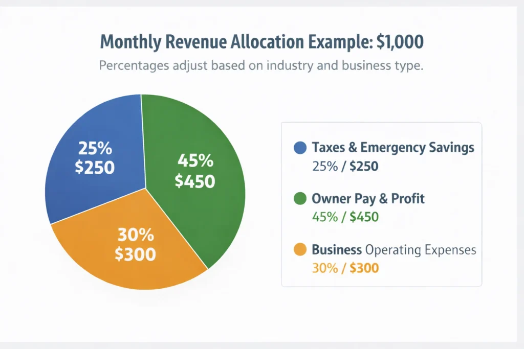 Pie chart showing how to allocate small business monthly revenue: 25% taxes and emergency savings (blue), 45% owner pay and profit (green), 30% operating expenses (orange), illustrating the recommended budget allocation percentages