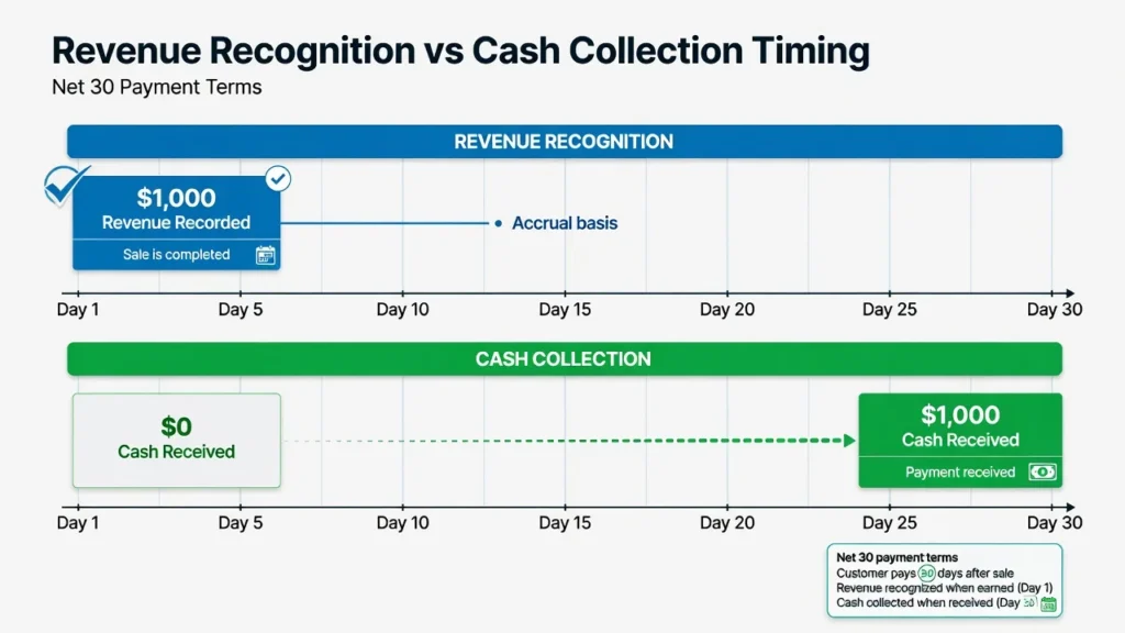Timeline showing the difference between when revenue is recorded (Day 1 of sale) and when cash is actually received (Day 30 under Net 30 payment terms), illustrating why revenue and cash are different numbers
