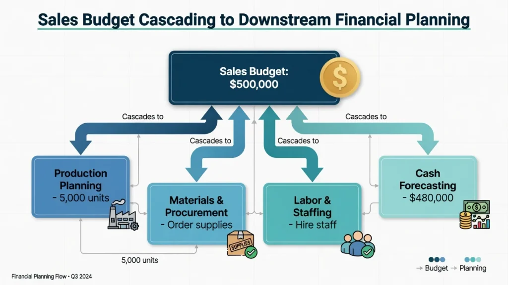 Flowchart showing how a sales budget decision cascades downstream to production planning, materials procurement, labor staffing, and cash forecasting decisions in business financial planning