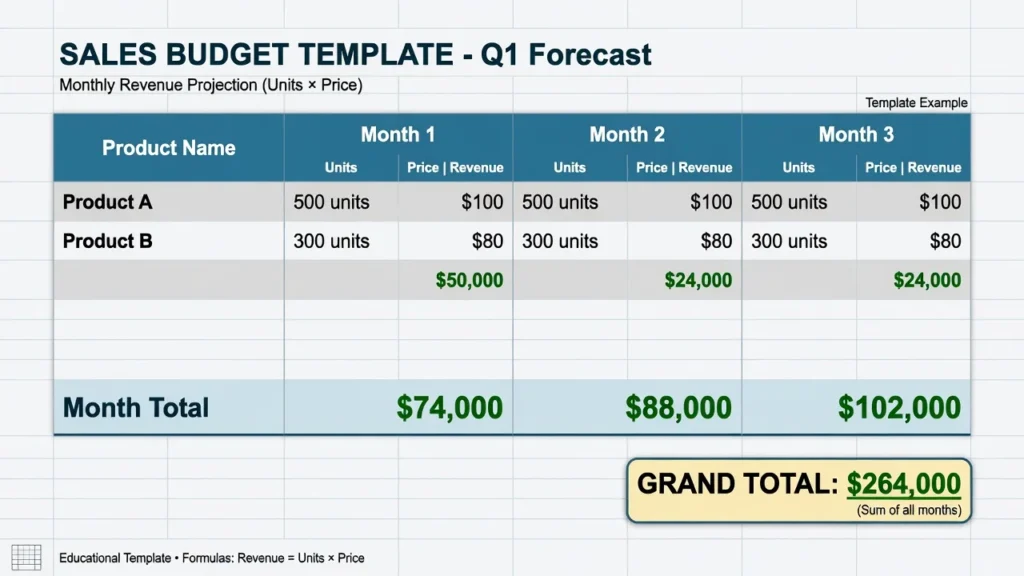 Spreadsheet template showing how to organize a sales budget by product rows and time period columns, with units, prices, and calculated revenue for each product each month