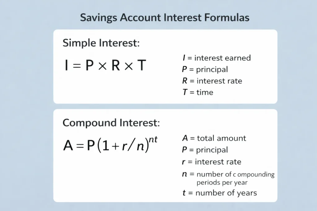 Infographic showing simple interest formula I = P × R × T and compound interest formula A = P(1 + r/n)^(nt) with variable definitions