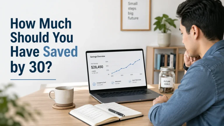 Young professional reviewing financial savings goals and investment charts on laptop at organized desk with calculator and notebook showing retirement planning progress by age 30