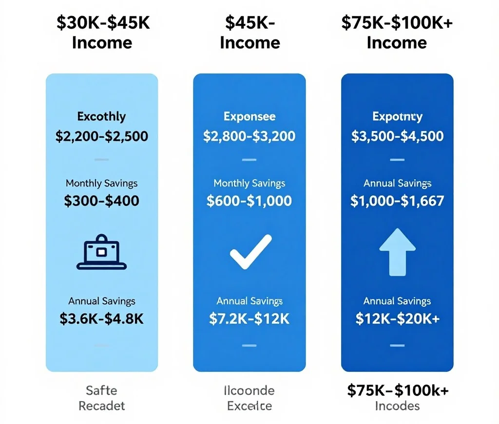 Three-column comparison showing realistic monthly and annual savings targets for income brackets $30K-$45K (tight budget, $300-$400/month), $45K-$75K (achievable, $600-$1K/month), and $75K-$100K+ (comfortable, $1K-$1.6K/month)