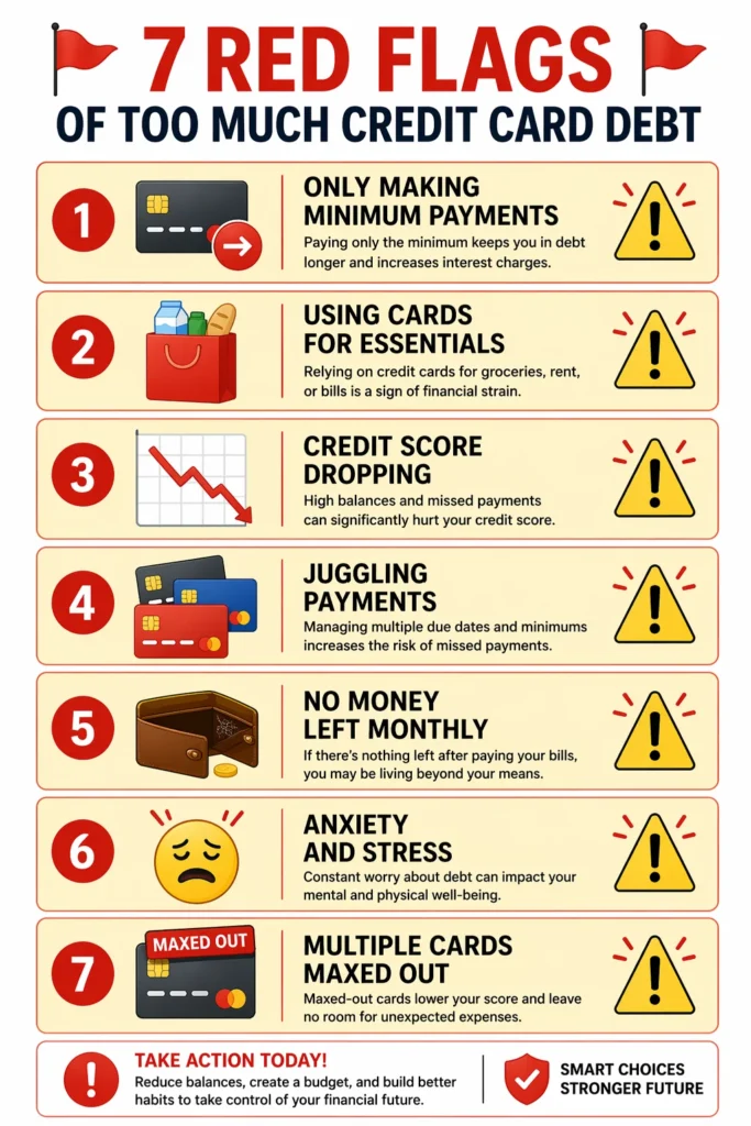 Infographic displaying seven warning signs of excessive credit card debt including minimum-only payments, using cards for essentials, declining credit score, payment juggling, no monthly surplus, financial stress, and maxed cards