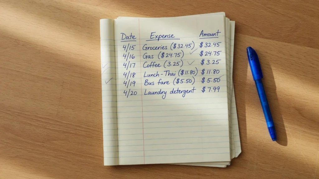 Handwritten expense tracking notebook with three columns for date, expense description, and amount showing simple daily budget tracking method