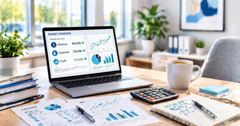 Modern home office workspace with laptop showing small business budget dashboard, financial documents, calculator, and coffee cup on desk