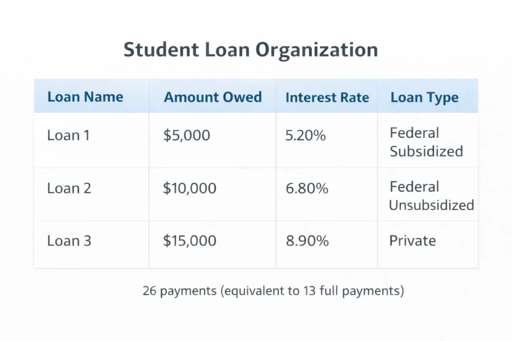 Spreadsheet template showing how to organize student loans with columns for loan name, amount, interest rate, and type
