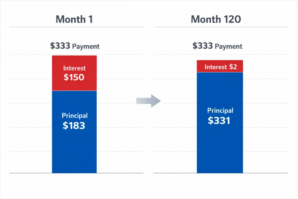 Chart showing how $333 student loan payment splits between interest and principal in month 1 versus final payment