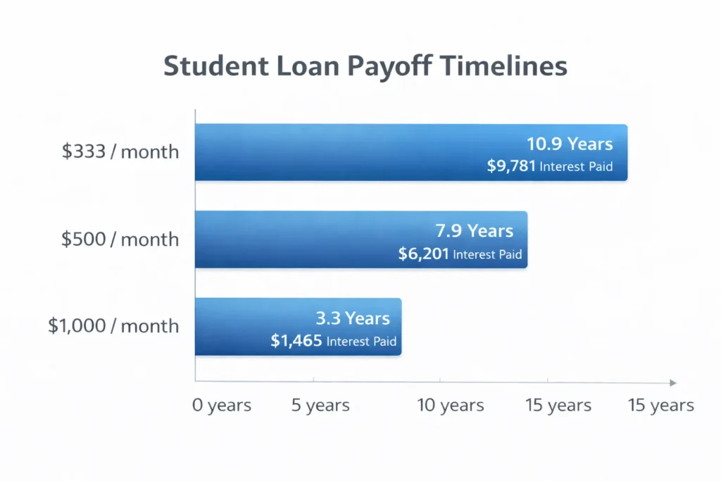 Bar chart comparing student loan payoff timelines for $30,000 loan with different monthly payment amounts