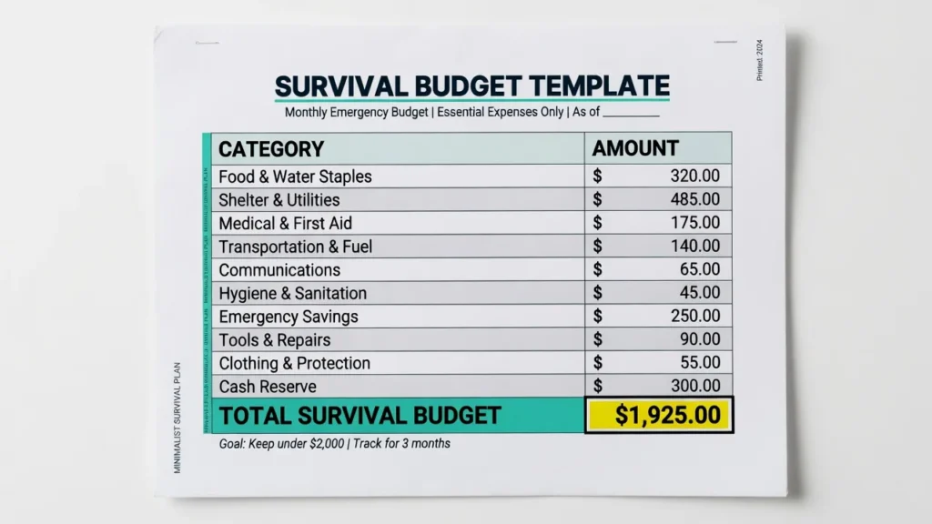 Example survival budget template showing essential monthly expenses including rent utilities groceries and transportation totaling $1530