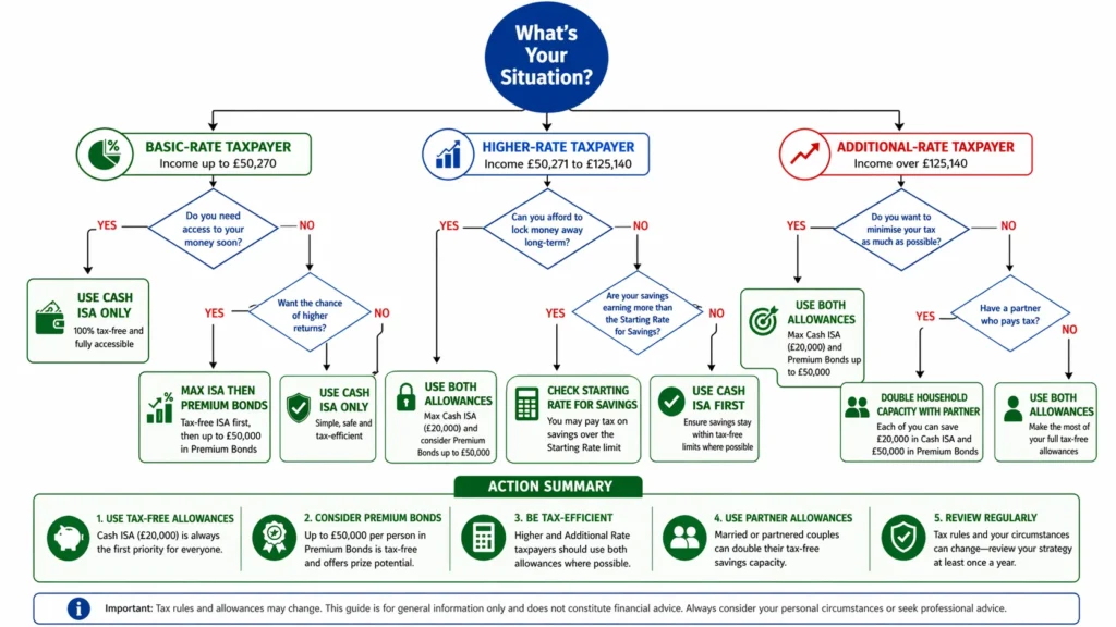 Decision tree flowchart helping readers determine which tax avoidance strategy to use based on tax bracket (basic-rate, higher-rate, additional-rate), savings amount, employment status, and household situation with specific account recommendations for each scenario.