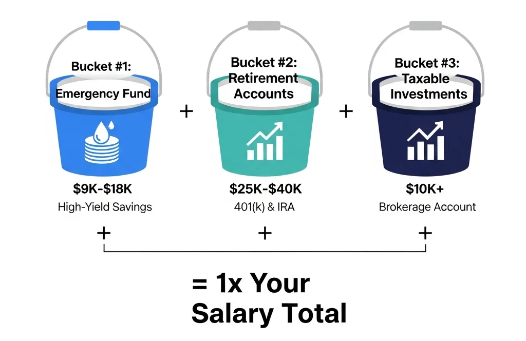 Diagram showing three buckets representing the components of 1x salary savings: emergency fund ($9K-$18K in high-yield savings), retirement accounts ($25K-$40K in 401k/IRA), and taxable investments ($10K+), adding up to your total savings target