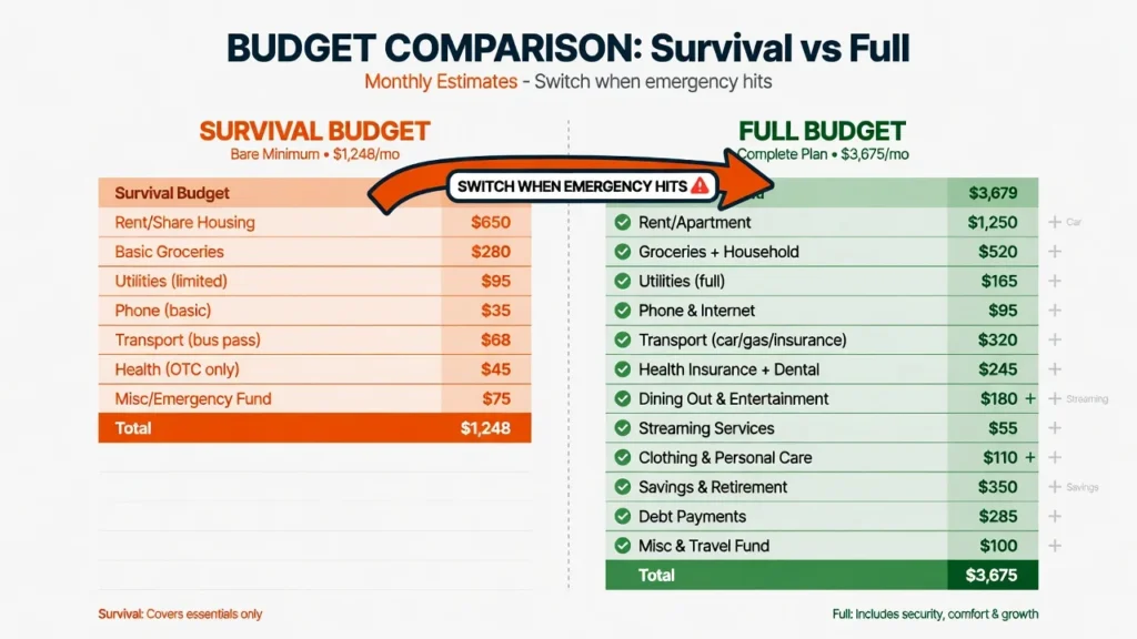Side-by-side comparison of survival budget and full budget showing how to switch between two budgets during financial emergencies