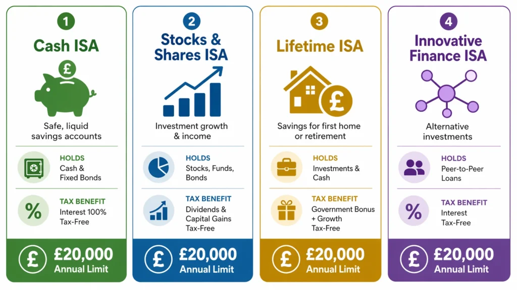 Infographic showing four UK ISA types: Cash ISA for savings, Stocks & Shares ISA for investments, Lifetime ISA for first home or retirement, and Innovative Finance ISA for peer-to-peer lending, all with £20,000 annual limit and tax-free treatment.