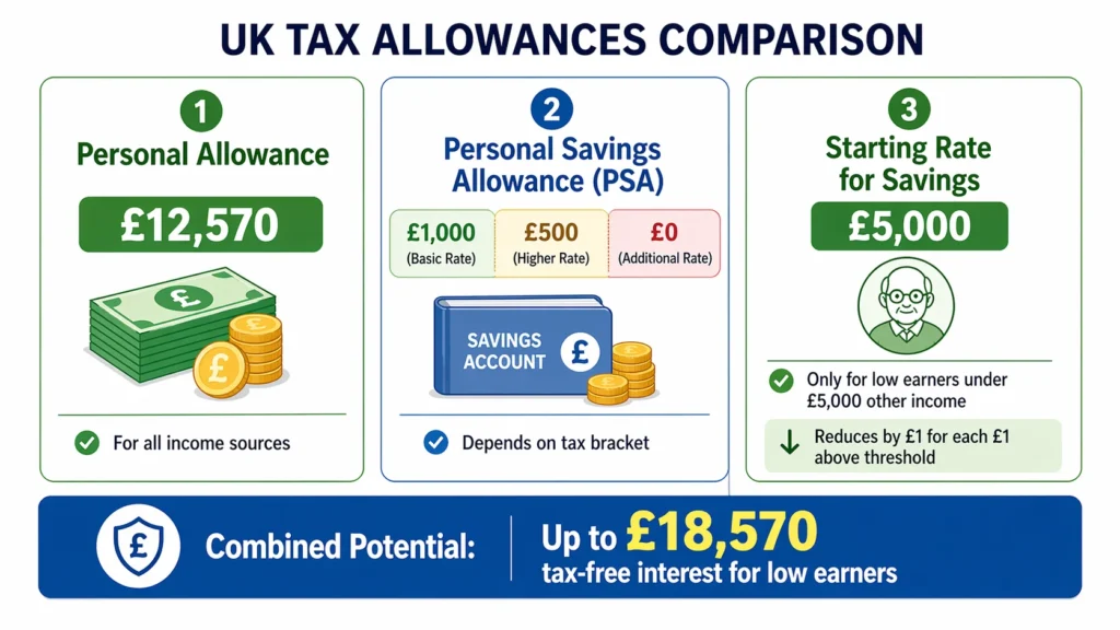Comparison infographic of three UK tax allowances: Personal Allowance (£12,570), Personal Savings Allowance (£1,000-£500 depending on tax bracket), and Starting Rate for Savings (£5,000 for low earners), showing combined potential of £18,570 tax-free interest.