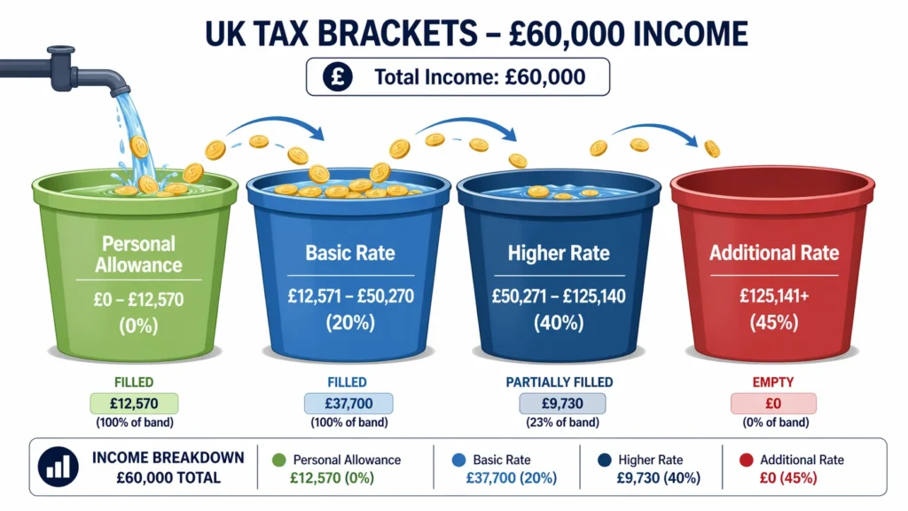 Diagram showing UK tax brackets as stacked buckets: Personal Allowance (0%), Basic Rate (20%), Higher Rate (40%), and Additional Rate (45%), illustrating how only income in each bracket is taxed at that specific rate.