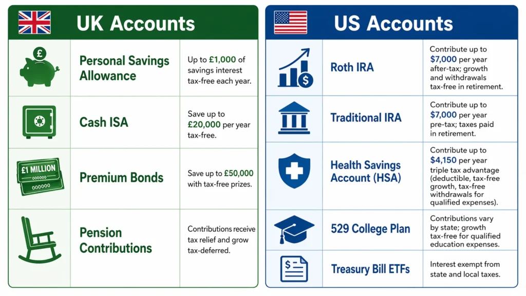 Comparison chart of tax-advantaged savings accounts available in UK (Personal Savings Allowance, Cash ISA, Premium Bonds, Pensions) versus US (Roth IRA, Traditional IRA, HSA, 529 Plans, Treasury ETFs) with contribution limits and tax treatment for each.