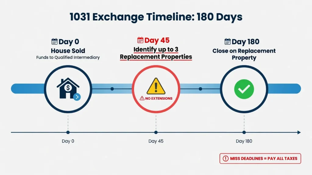 Timeline showing 1031 exchange deadlines: 45 days to identify replacement property and 180 days to close with no extensions allowed